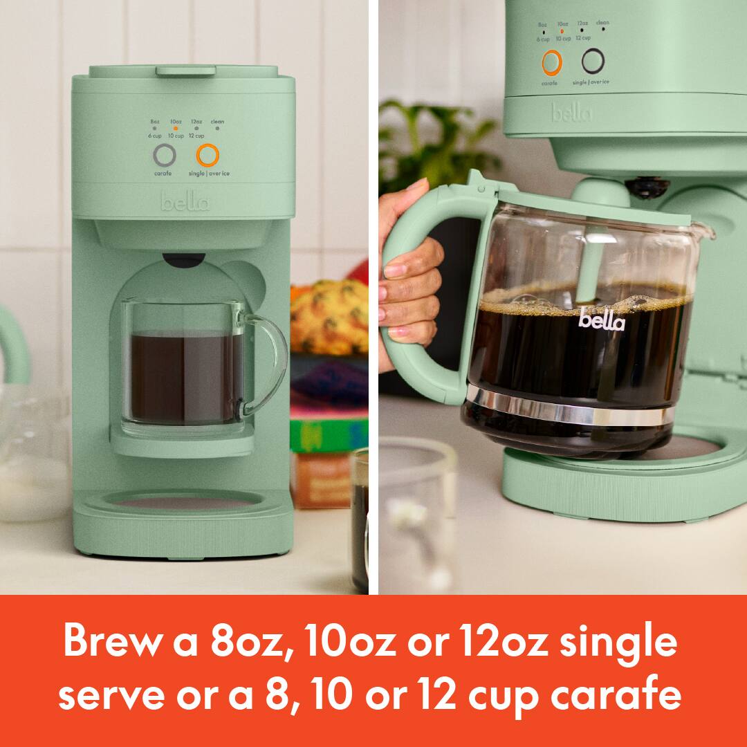 Brew a 8oz, 10oz or 12oz single serve or a 8, 10 or 12 cup carafe