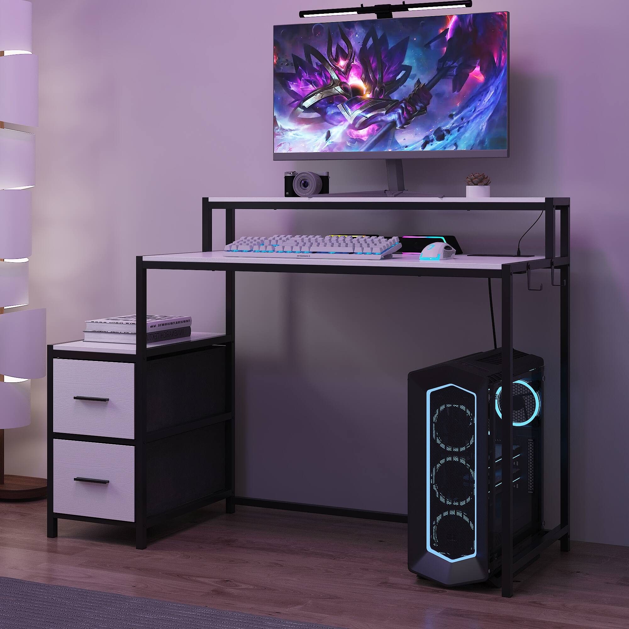 Alt View 8. Famapy - Gaming Desk with RGB Lights, Built-in Power Outlets, Cable Management & Storage for Immersive Setup - White & Black.