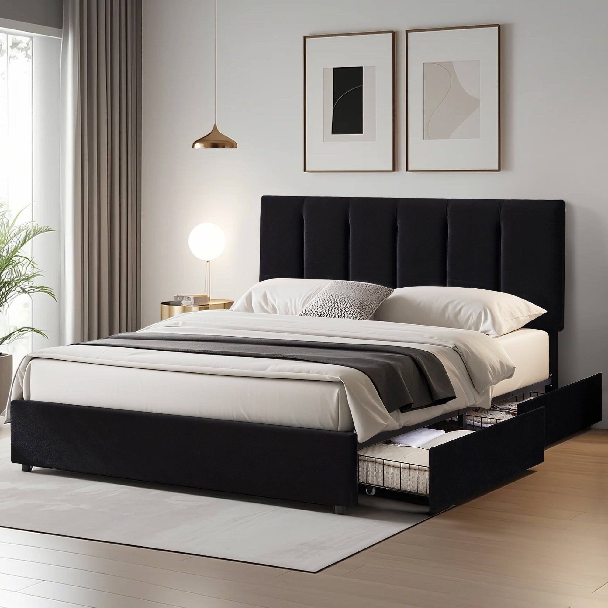 Alt View 3. Vecelo - Full Upholstered Bed Frame with 4 Storage Drawers, Adjustable Velvet Headboard, No Box Spring Needed, Metal Platform - Black.