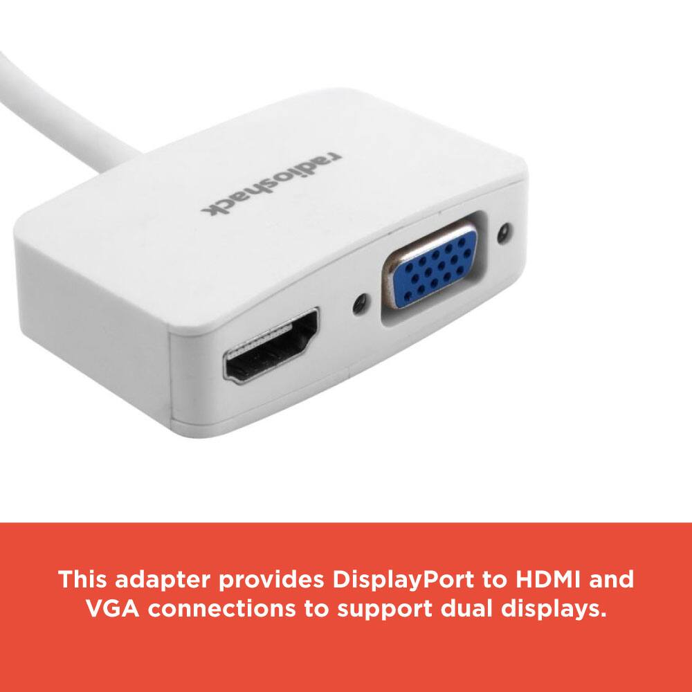 This adapter provides DisplayPort to HDMI and VGA connections to support dual displays.