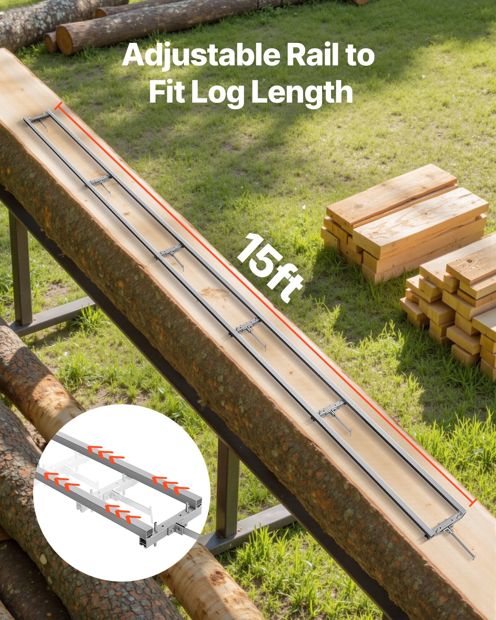 Adjustable Rail to Fit Log Length  
15ft
