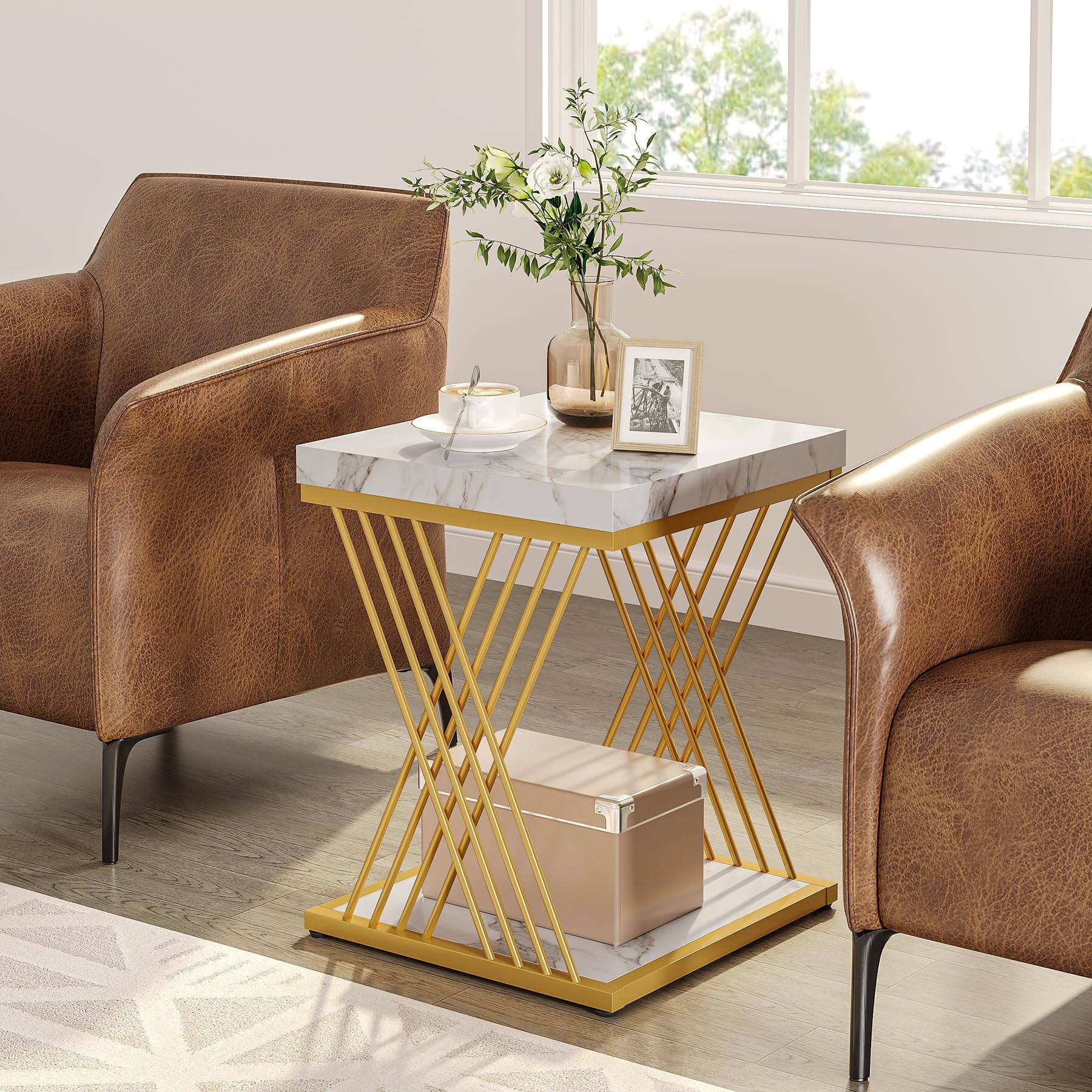 Alt View 2. Tribesigns - Side Table, Modern Small End Table, Tall Nightstand - Faux Marble White+gold.