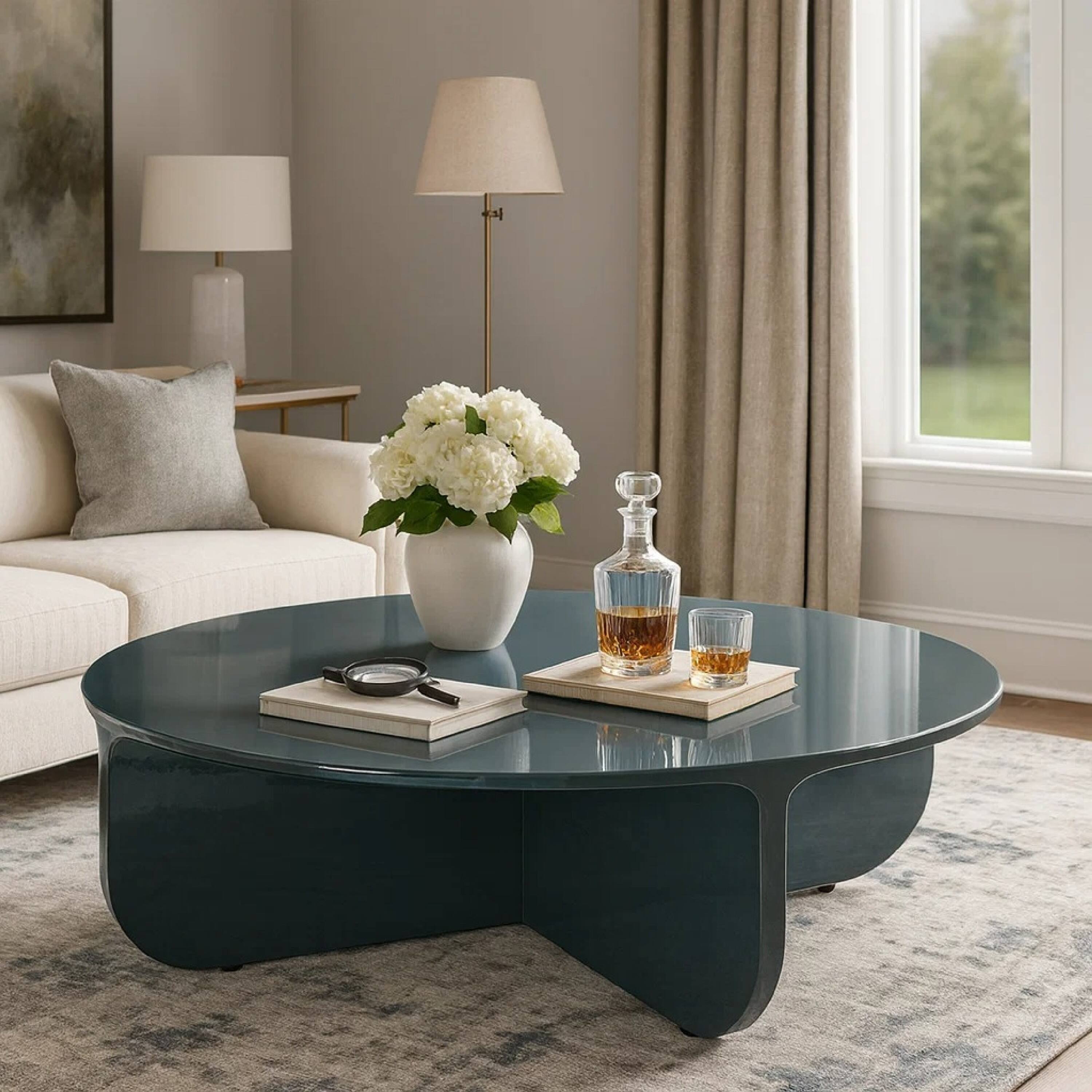 Alt View 5. Manhattan Lane - Lemy Coffee Table. 39 Inch Round Top with Pedestal Base, Teal Blue Wood - Teal Blue.