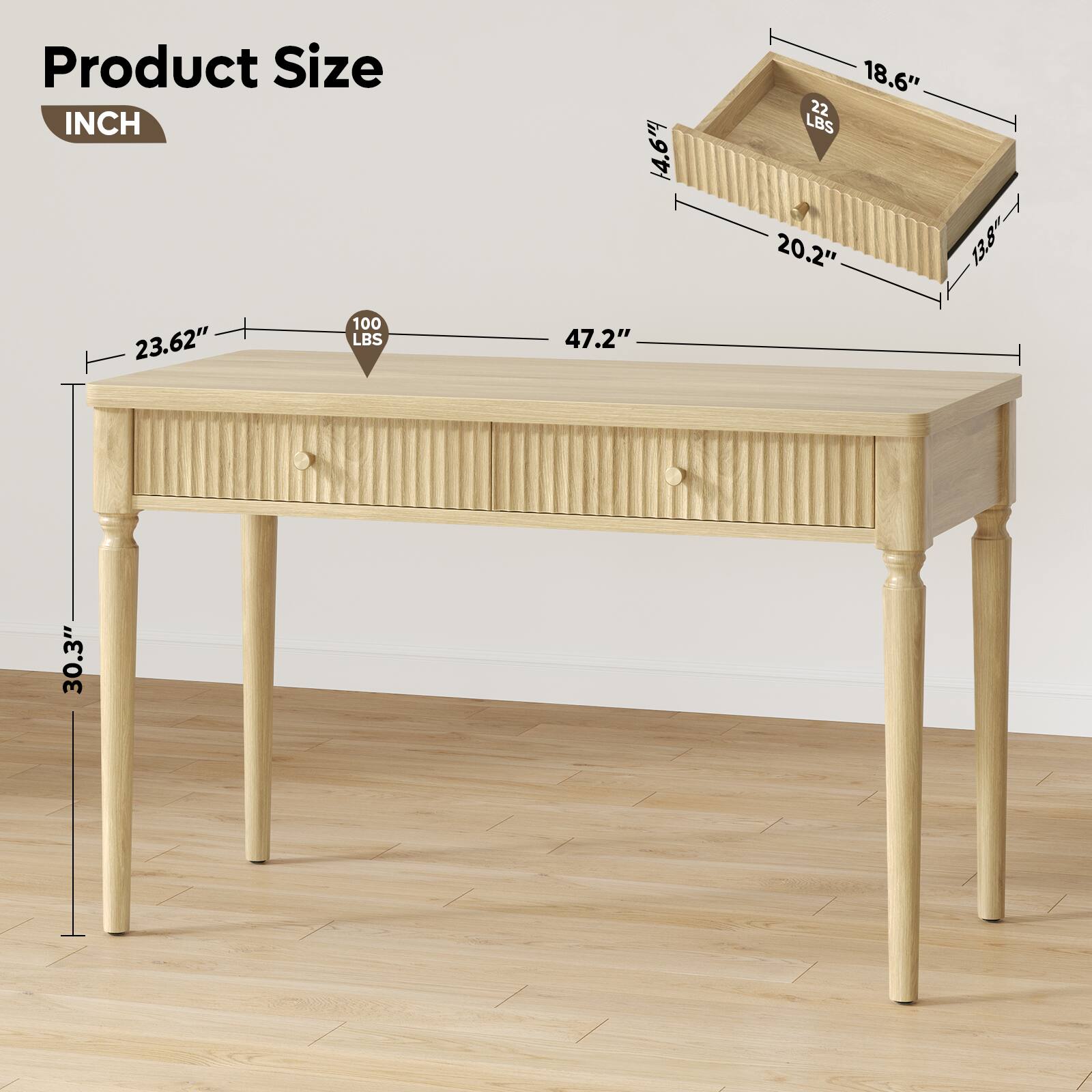 Product Size INCH

- 14.6"
- 18.6"
- 22 LBS
- 20.2"
- 13.8"
- 23.62"
- 100 LBS
- 47.2"
- 30.3"