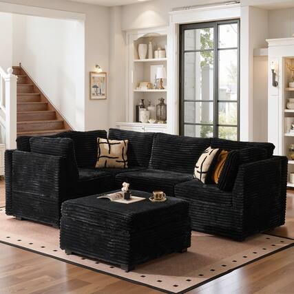 Front. Ovios - 98" Modular Sectional Sofa, 4 Seat L Shaped Couch with Ottoman for Living Room & Apartment - Black.
