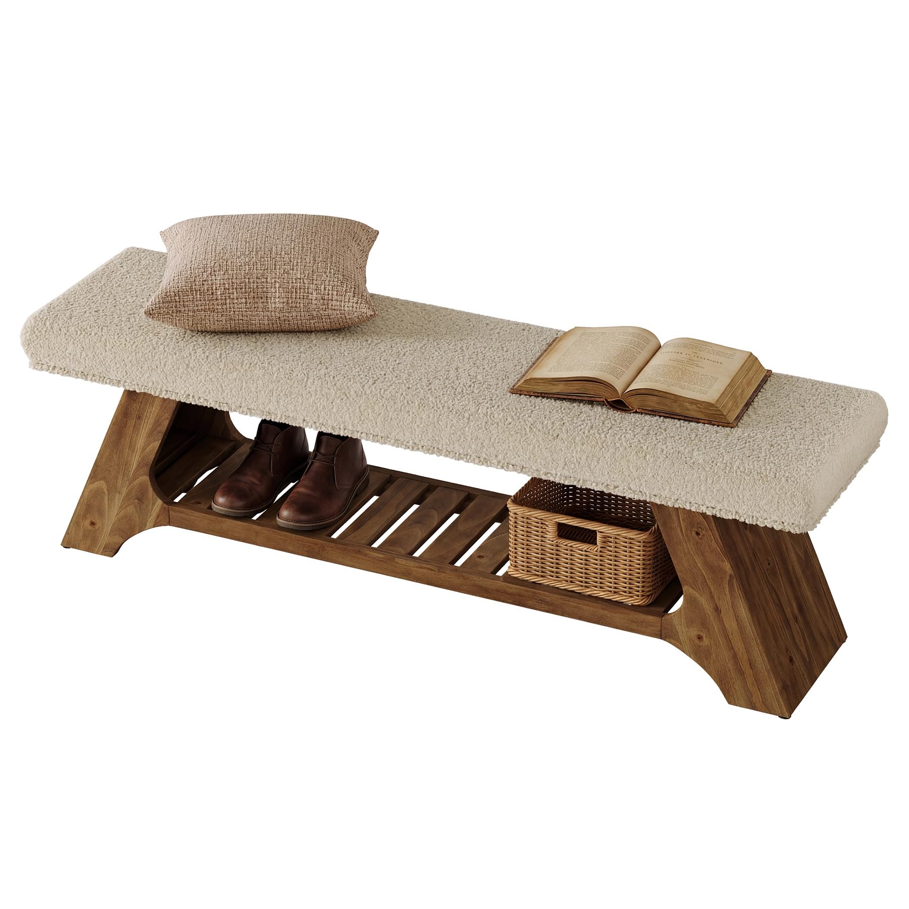 Alt View 4. Tribesigns - Solid Wood Upholstered Bench with Storage, 55" Entryway Bench - Dark Brown.