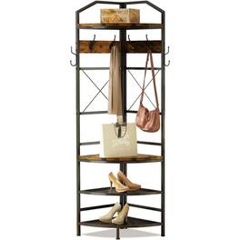 Hivvago - Industrial Metal/Wood Corner Hall Tree Shoe Storage Bench Coat Rack - Brown , Black