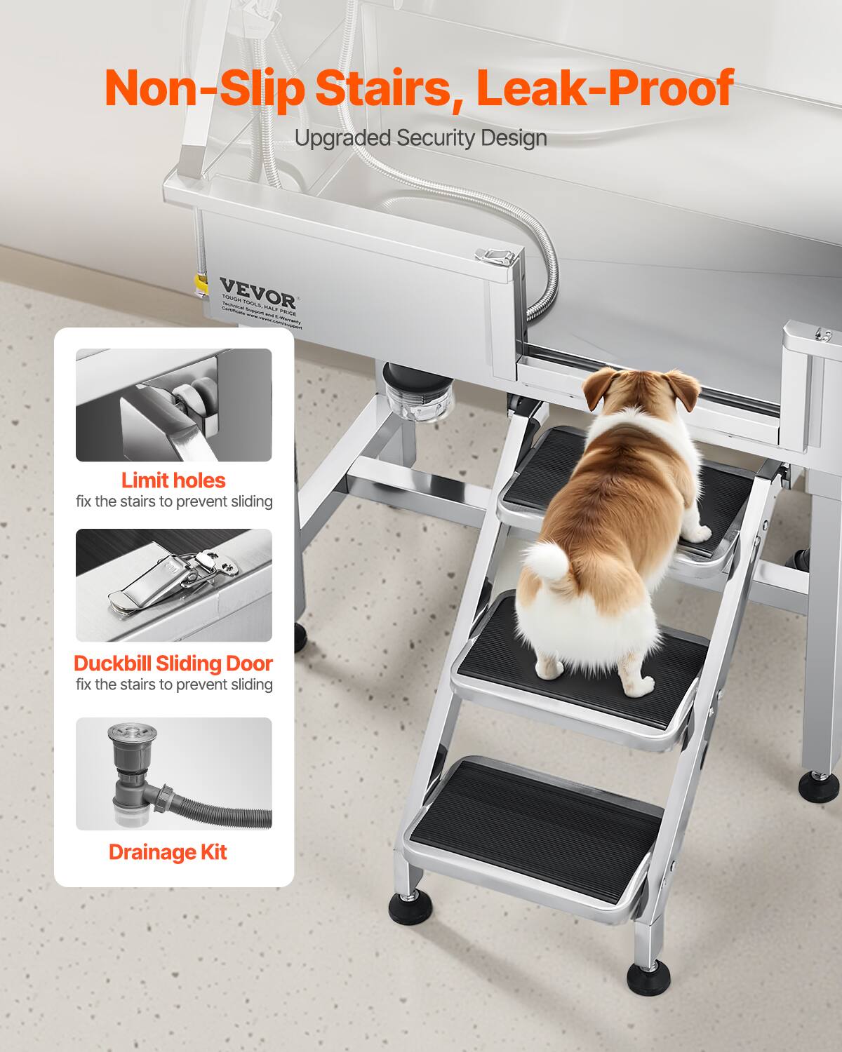 Non-Slip Stairs, Leak-Proof  
Upgraded Security Design  

Limit holes  
fix the stairs to prevent sliding  

Duckbill Sliding Door  
fix the stairs to prevent sliding  

Drainage Kit