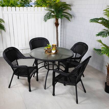 Front. Northlight - 5-Piece Black Resin Wicker Outdoor Dining Set - Black.