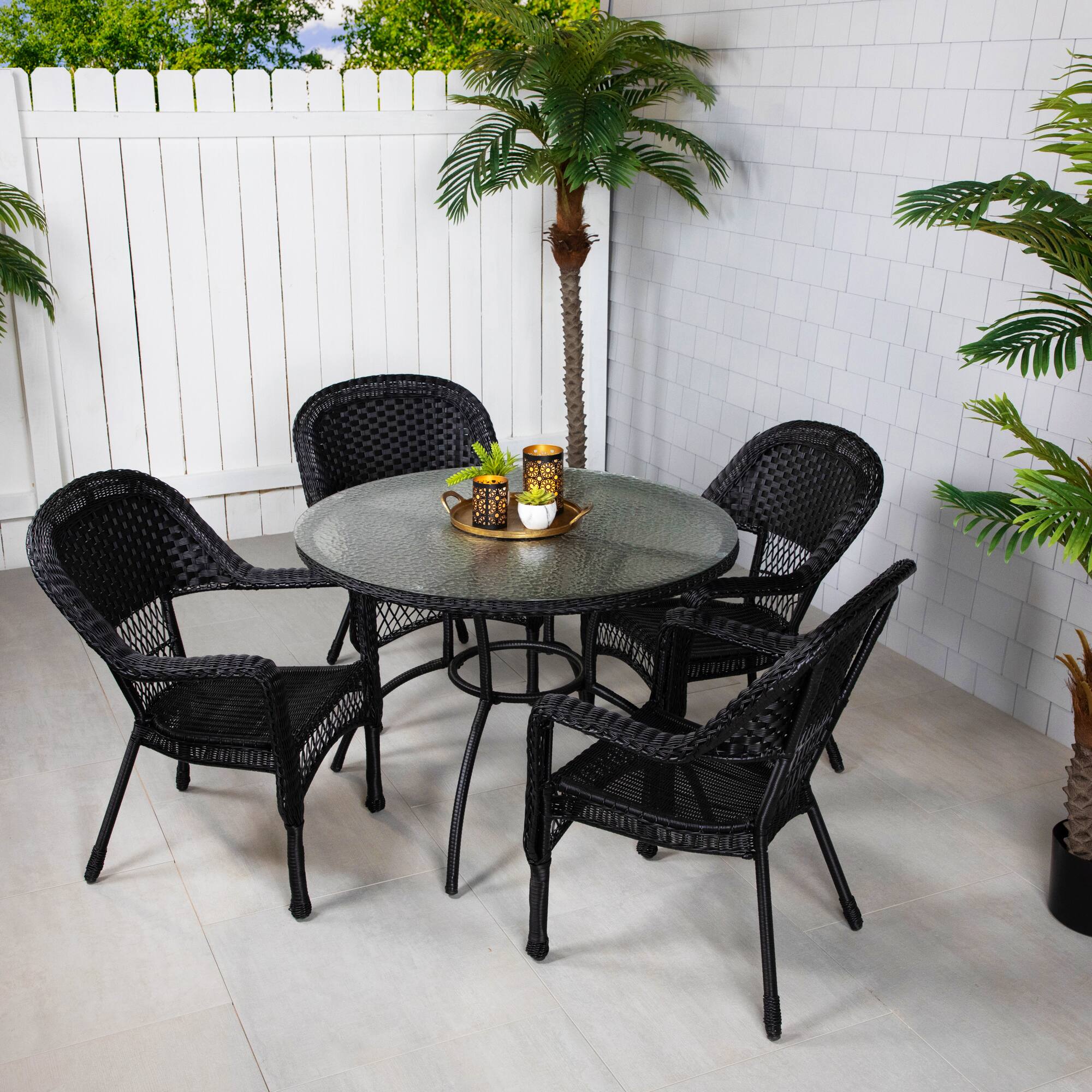 Front. Northlight - 5-Piece Black Resin Wicker Outdoor Dining Set - Black.