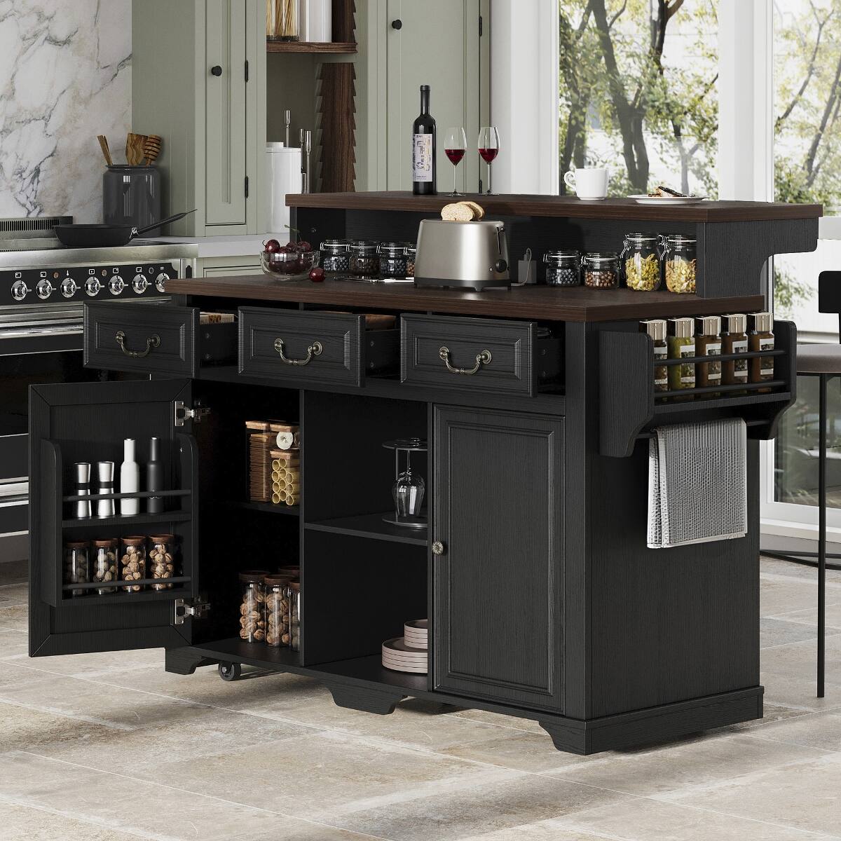 Front. Loheer - Loheer Farmhouse Kitchen Island with Storage Ash Black Two-Tier Kitchen Island Table with Power Outlet - Ash Black.