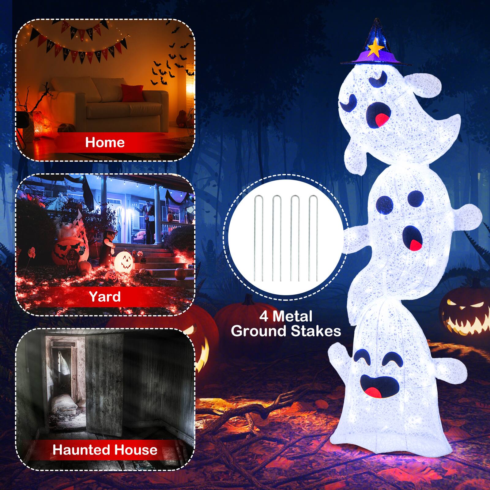 The text on the image is grouped as follows:

1. Home
2. RIP
3. Yard
4. 4 Metal Ground Stakes
5. Haunted House