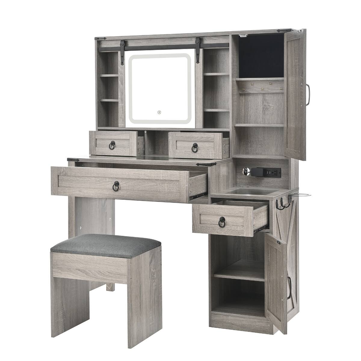 Alt View 9. Loheer - Loheer Farmhouse Vanity Desk with LED Mirror, Gray Vanity Set with Stool - Gray.