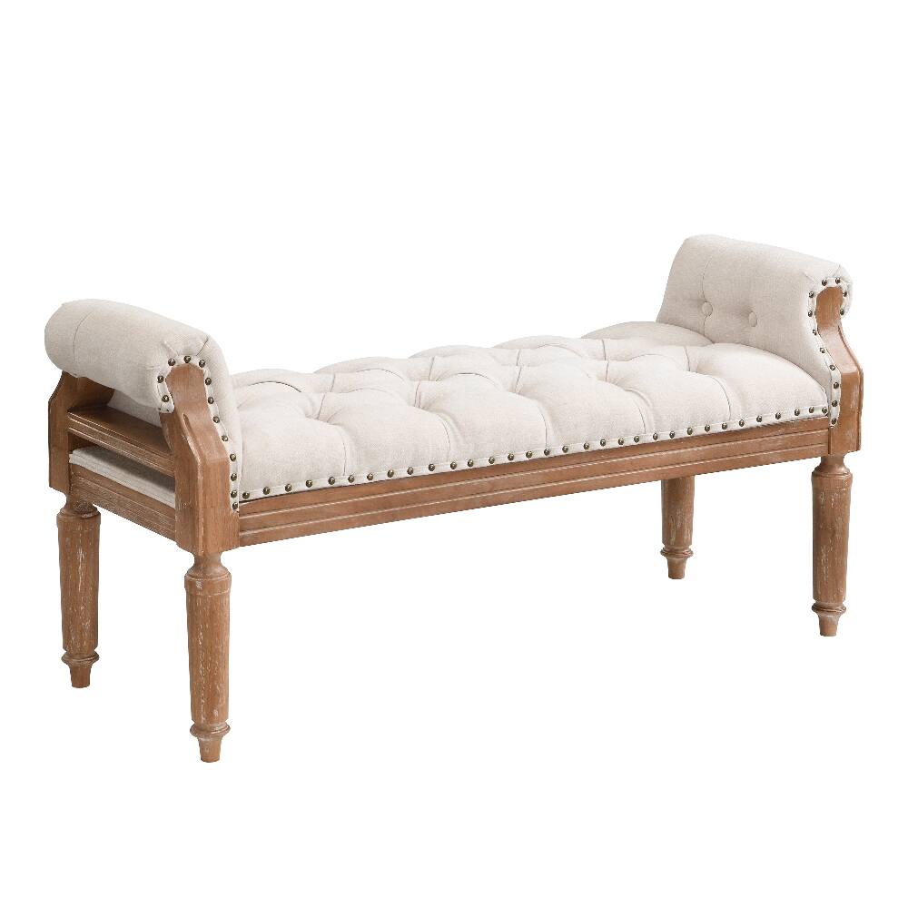 Alt View 4. Ropilly - Ropilly Upholstered Bench Mid-Century Solid Wood Tufted Ottoman End of Bed Bench with Rolled Arms for Bedroom Beige 50in - Beige.
