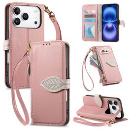 Dteck - for Apple iPhone 17 Pro Max Wallet Case,PU Leather Flip Zipper Card Slot Leaf-Buckle Shockproof Cover with Wrist Strap - Rosegold