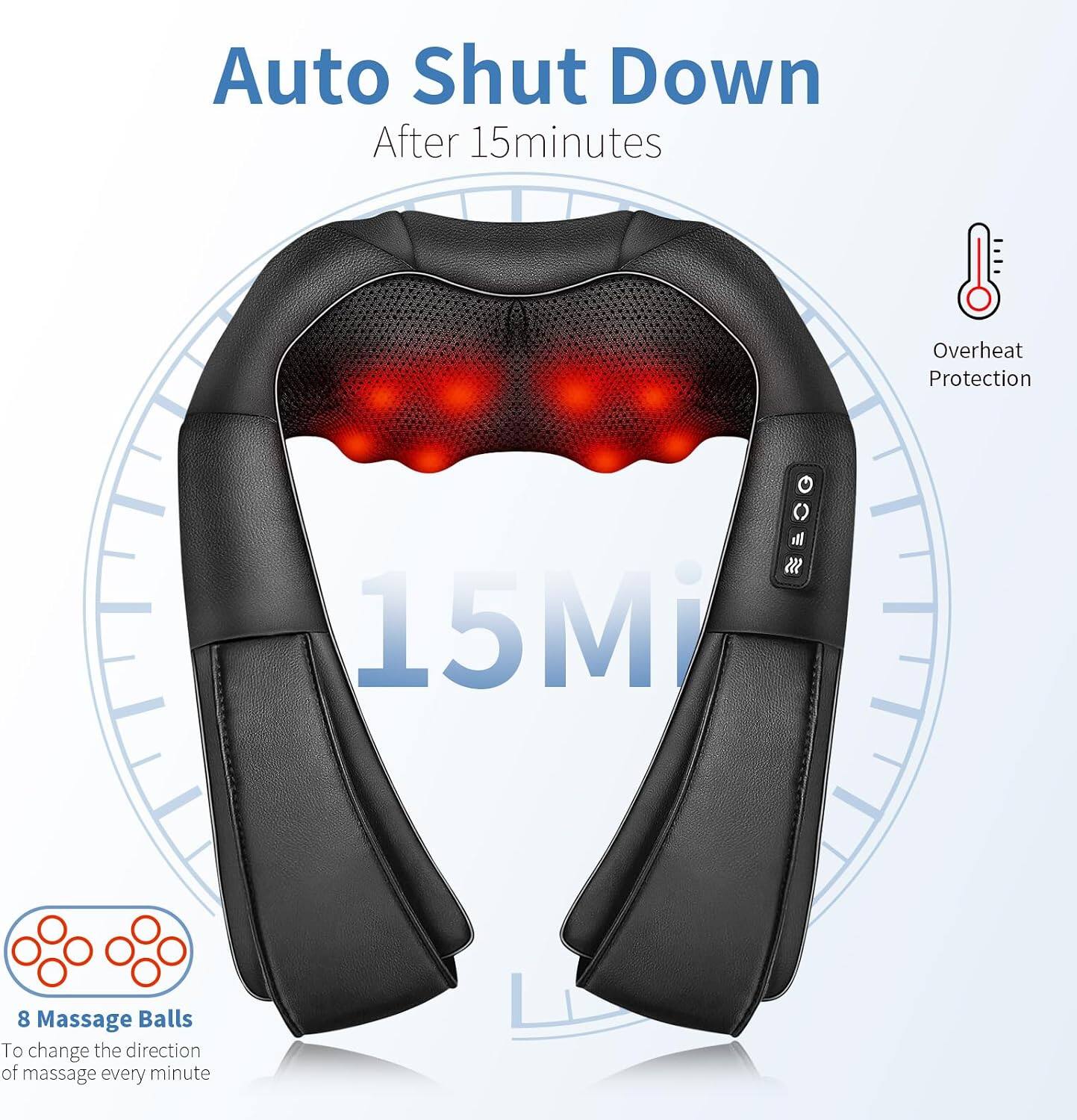 Auto Shut Down After 15 minutes  
Overheat Protection  
15 Mi  
8 Massage Balls To change the direction of massage every minute