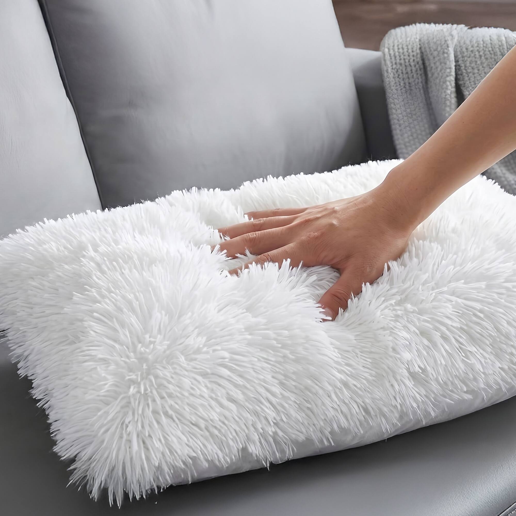 Left. Cheer Collection - Plush Shaggy Long Hair Faux Fur Lumbar Accent Pillows with Inserts, 12 x 20 in, Set of 2 - White - White.
