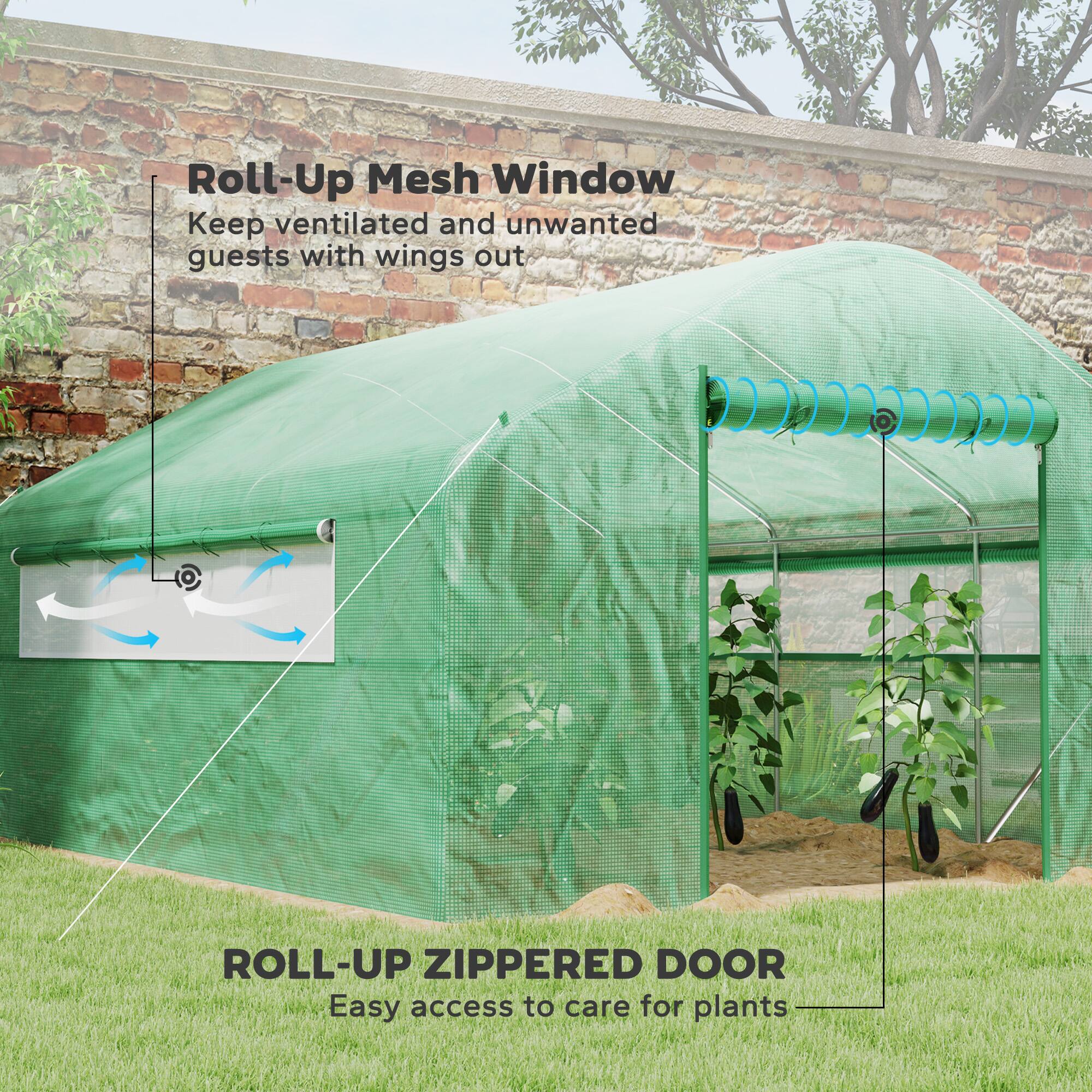 Roll-Up Mesh Window  
Keep ventilated and unwanted guests with wings out.

ROLL-UP ZIPPERED DOOR  
Easy access to care for plants.