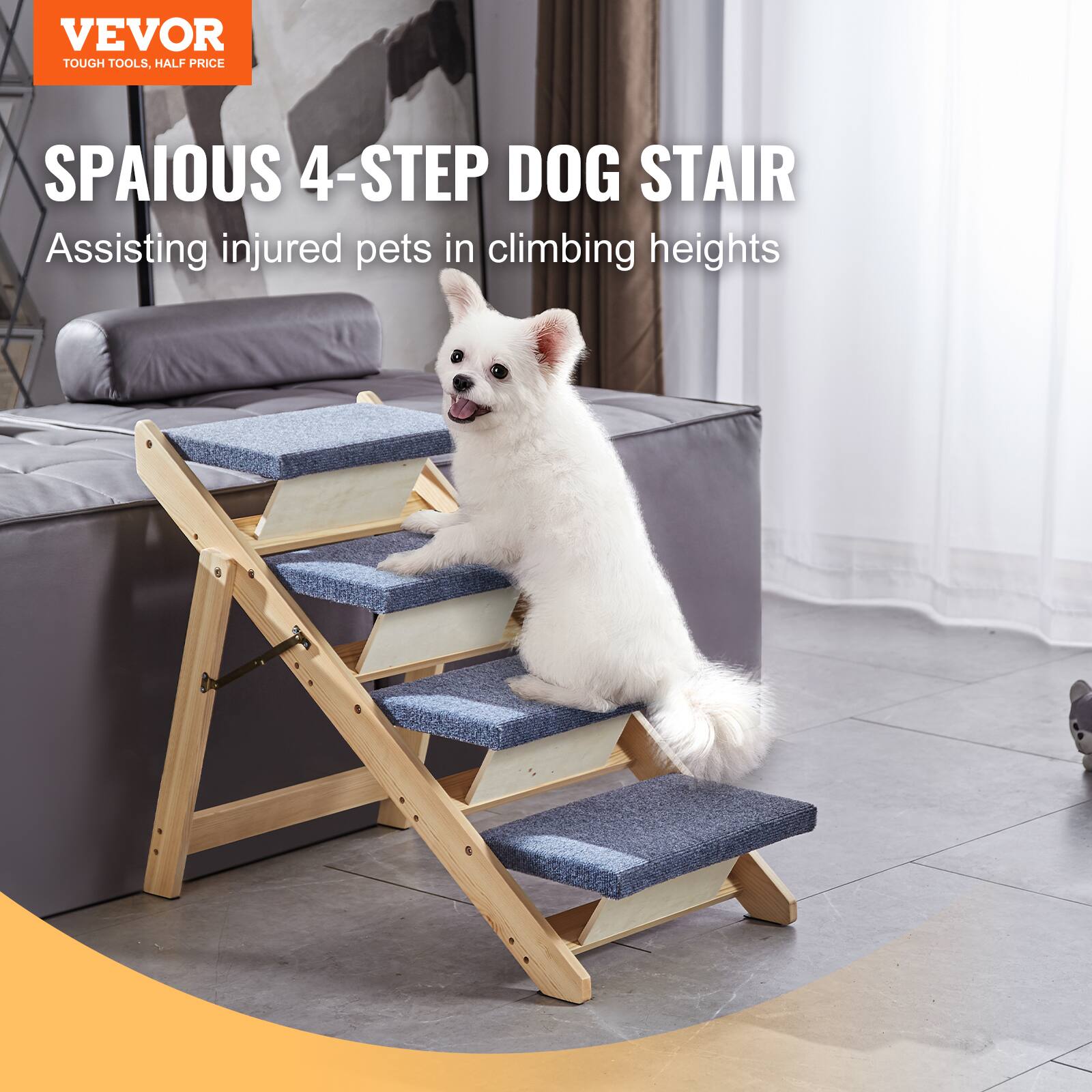 VEVOR  
TOUGH TOOLS, HALF PRICE  

SPAIOS 4-STEP DOG STAIR  
Assisting injured pets in climbing heights