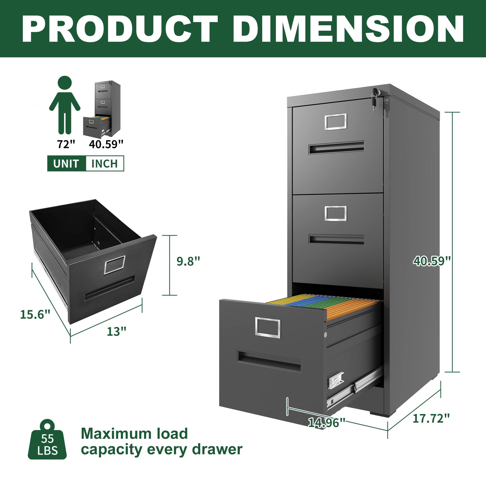 PRODUCT DIMENSION

UNIT INCH

72" 40.59"

15.6" 13" 9.8"

40.59" 14.96" 17.72"

Maximum load capacity every drawer 55 LBS