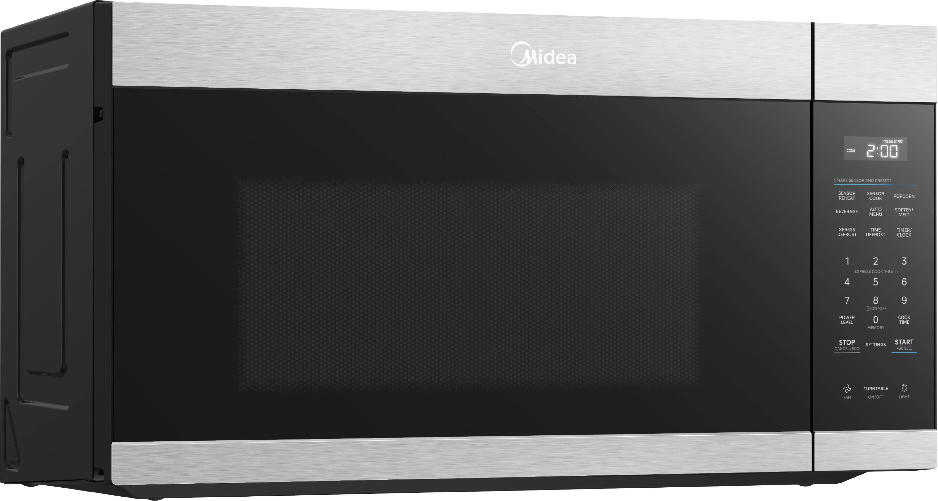 Midea ES UM - 2:00 SMART SENSOR AND PRESETS SENSOR REIIEA SENSOR POPCORN COOK RLVERAGE AUTO MENU SOFTEN MEL XPRESS TIME DEFROST 1209180 TIMES! CLOCK 1 2 3 TAPRESS COOK e - 4 5 6 7 POWER LEVEL 8 IONON 0 MEMORY 9 COCK TIME STOP SETTINGS START LANCELIBLO - PAI TURNTABLE DALIOES LIGHT