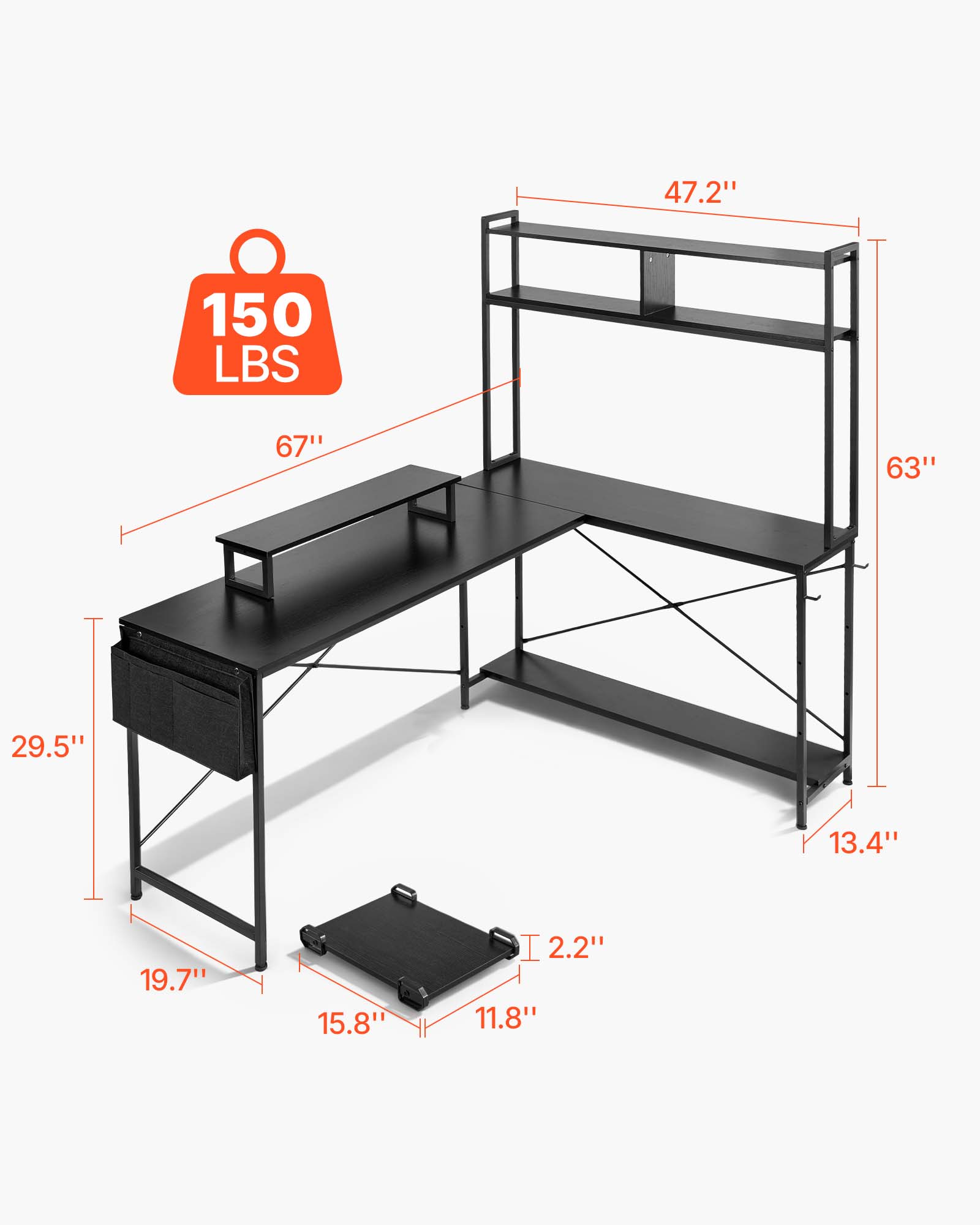 47.2" 150 LBS 67" 63" 29.5" 13.4" 19.7" 15.8" 2.2" 11.8"