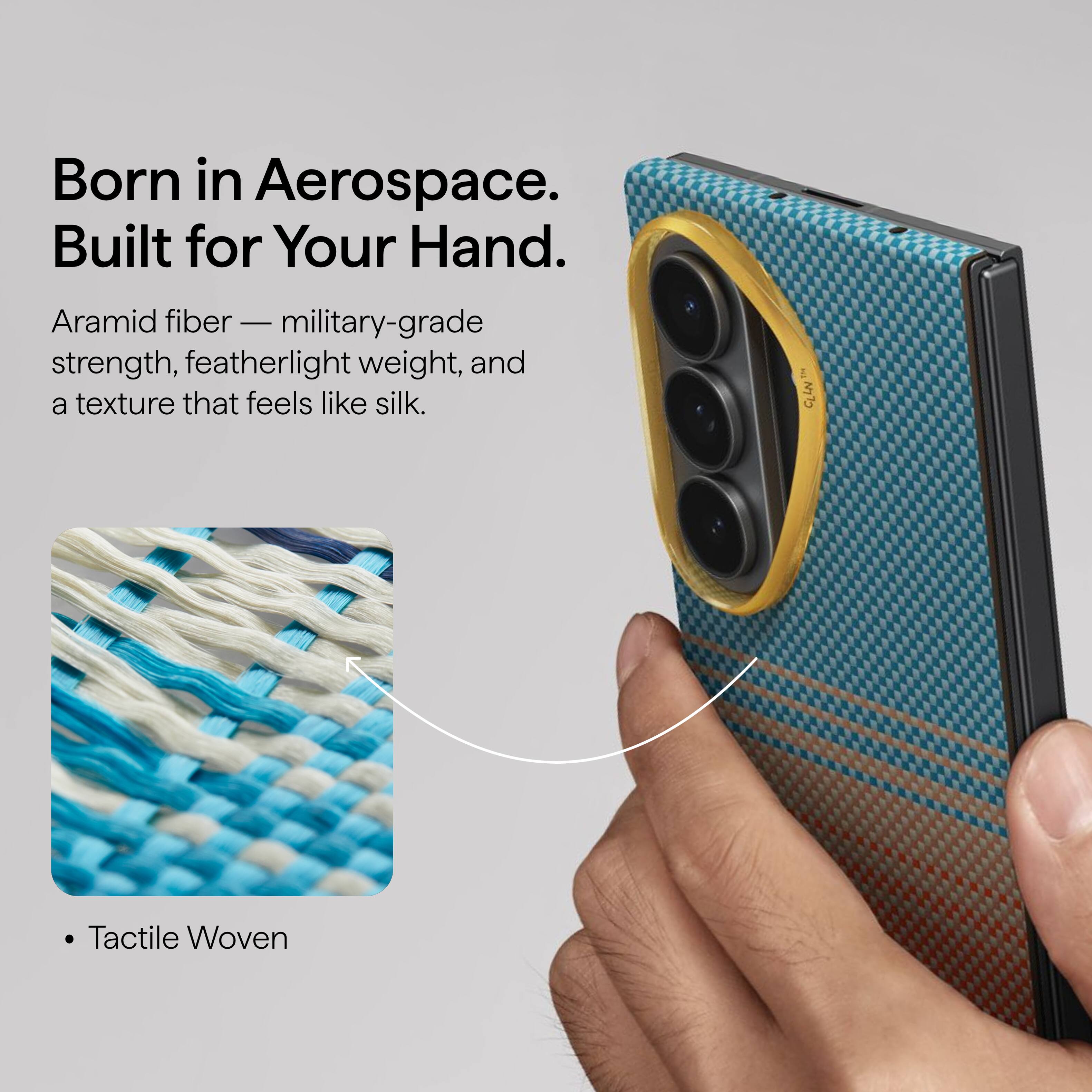Born in Aerospace.  
Built for Your Hand.  

Aramid fiber — military-grade strength, featherlight weight, and a texture that feels like silk.  

Tactile Woven