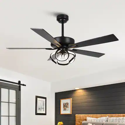 Front. Parrot Uncle - 52" Modern Black Indoor Dimmable LED Ceiling Fan with Light and Remote - Matte Black.