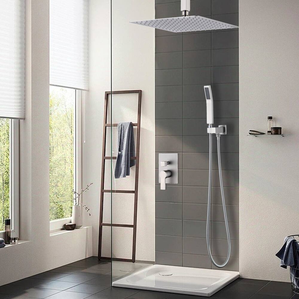 Angle. JUJABU - 12" Ceiling Mount Brushed Nickel Luxury Rainfall Mixer Shower System Combo Set - Brushed Nickel.