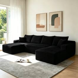 Anysun - 134" Cloud Sectional Sofa, U-Shape Chaise, Side Pockets & Cup Holder, Modern Modular, Deep Seating, No Assembly - Black