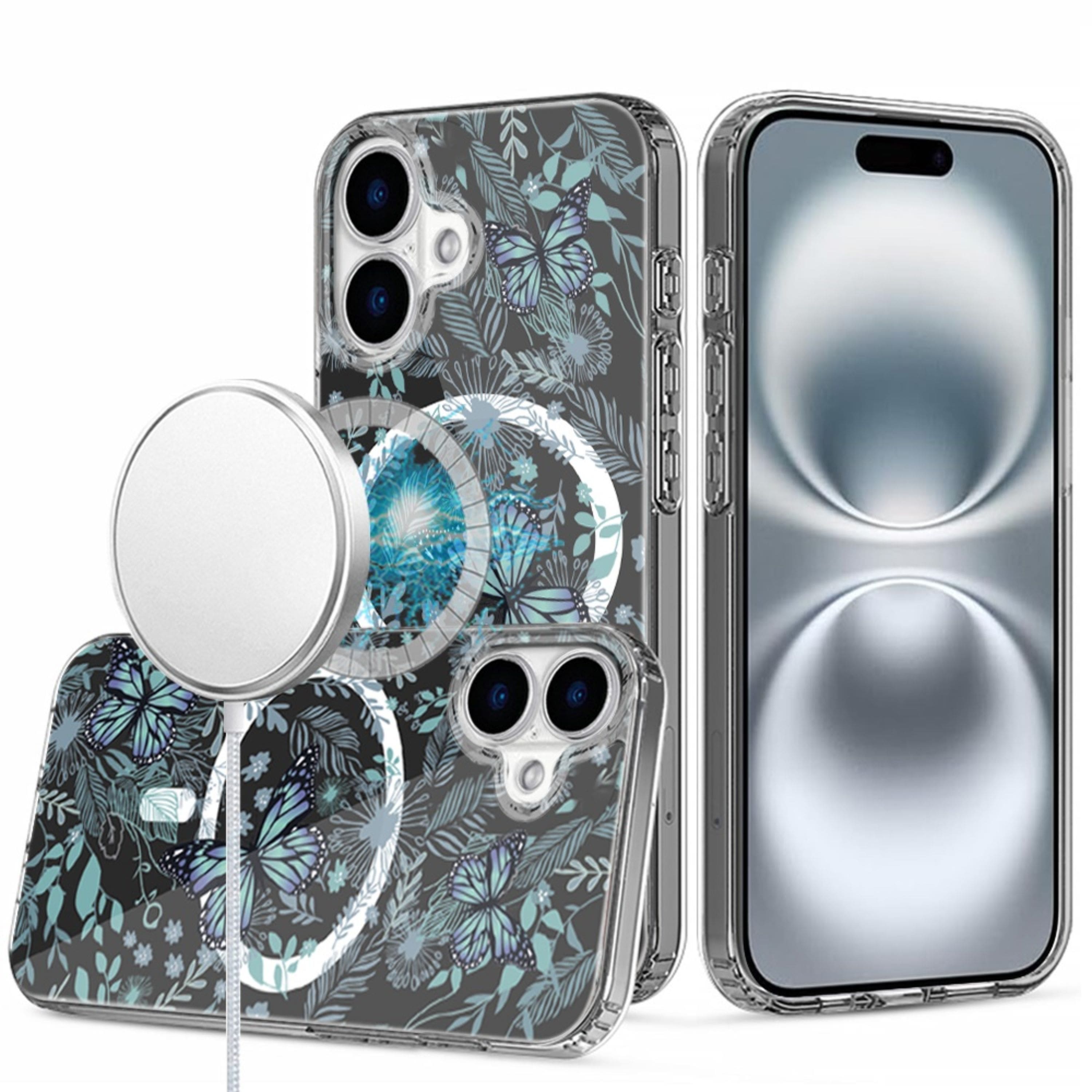Kitcheniva - Floral Print Magnetic Circle Clear Case With Tempered Glass For iPhone 16 I - Multicolor