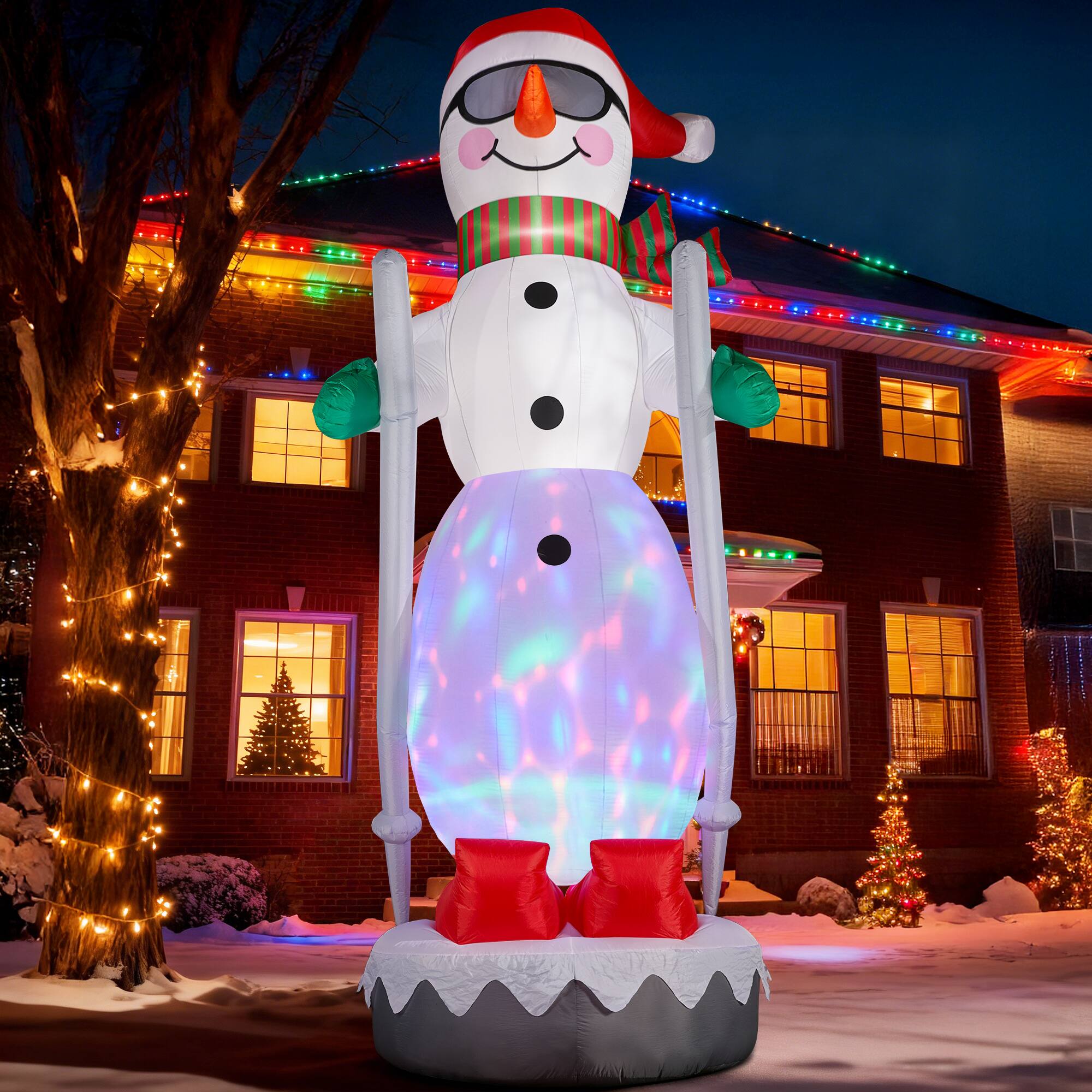 Front. Glitzhome - 20FT Giant Disco Lighted Inflatable Skiing Snowman - Multi-Colored.