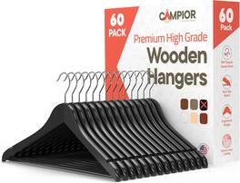 Campior - Wooden Hangers – 60-Pack, 360° Swivel Hook, Non-Slip, Pants Bar, Grooves, Space-Saving & Smooth Finish - Black