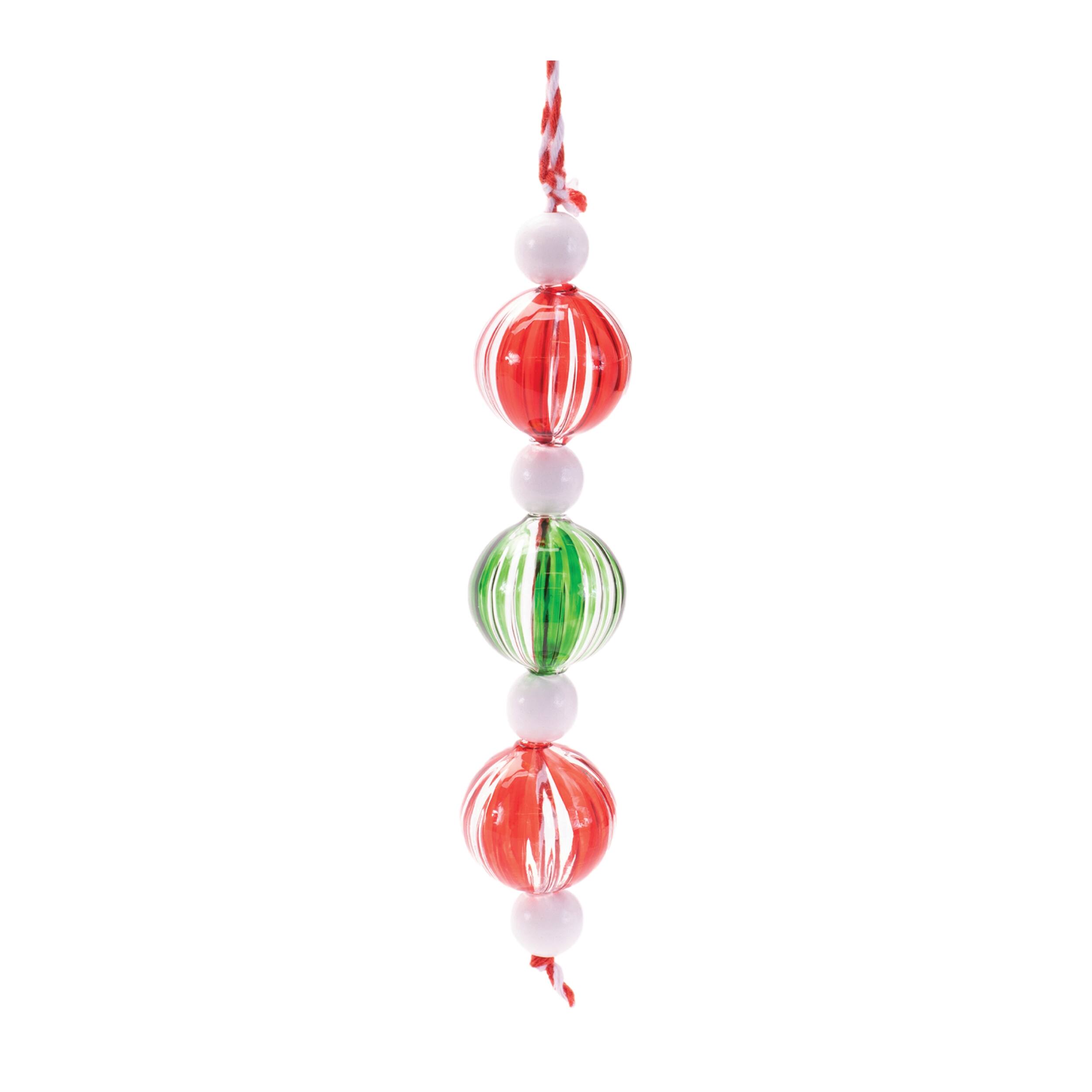 Back. BreeBe - Striped Glass Mini Drop Ornaments – Set of 6 - Red, White, Green.