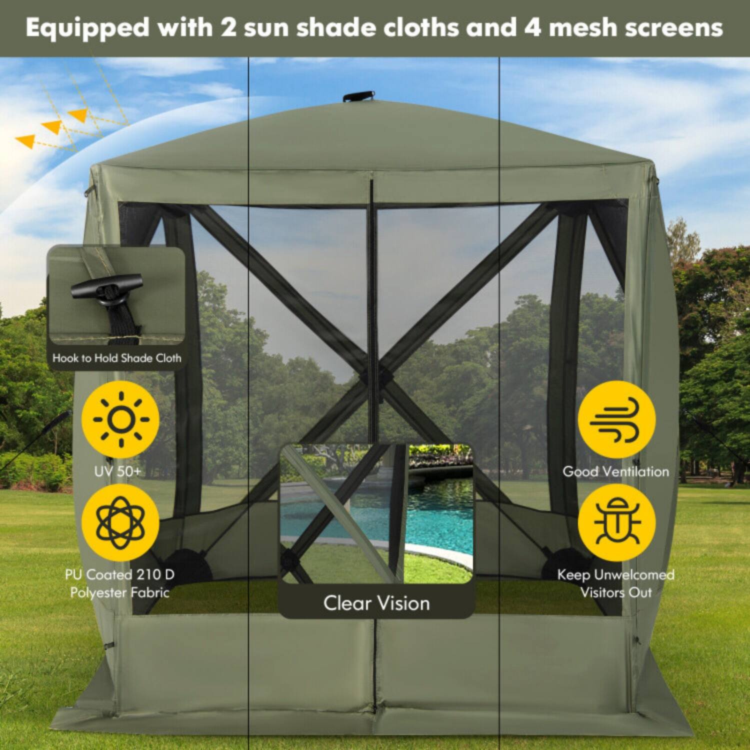 Equipped with 2 sun shade cloths and 4 mesh screens

- Hook to Hold Shade Cloth
- UV 50+ Good Ventilation
- PU Coated 210 D Polyester Fabric
- Clear Vision
- Keep Unwelcomed Visitors Out