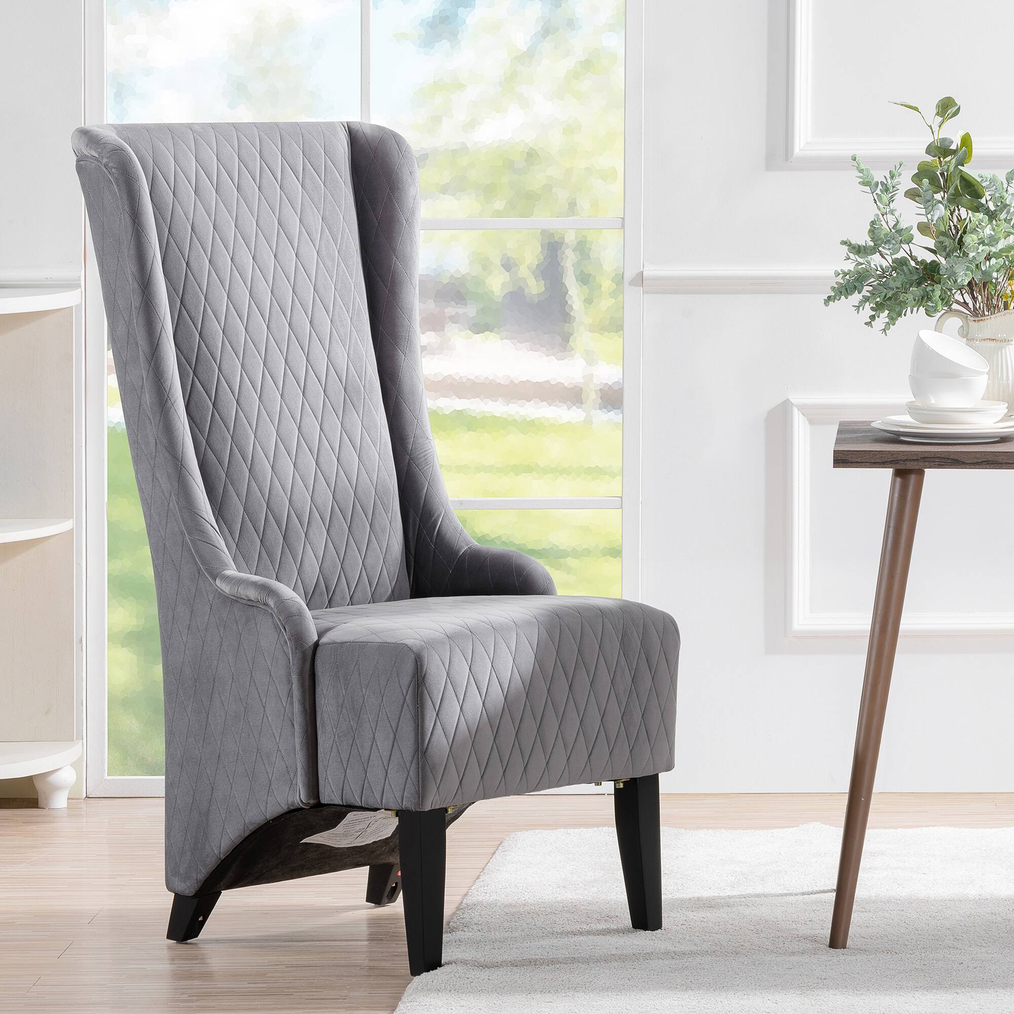 Front. APRILSOUL - Wide High Back Velvet Accent Chair Comfy Wingback Chair Soft Padded Wooden Legs Living Room Bedroom - Gray.