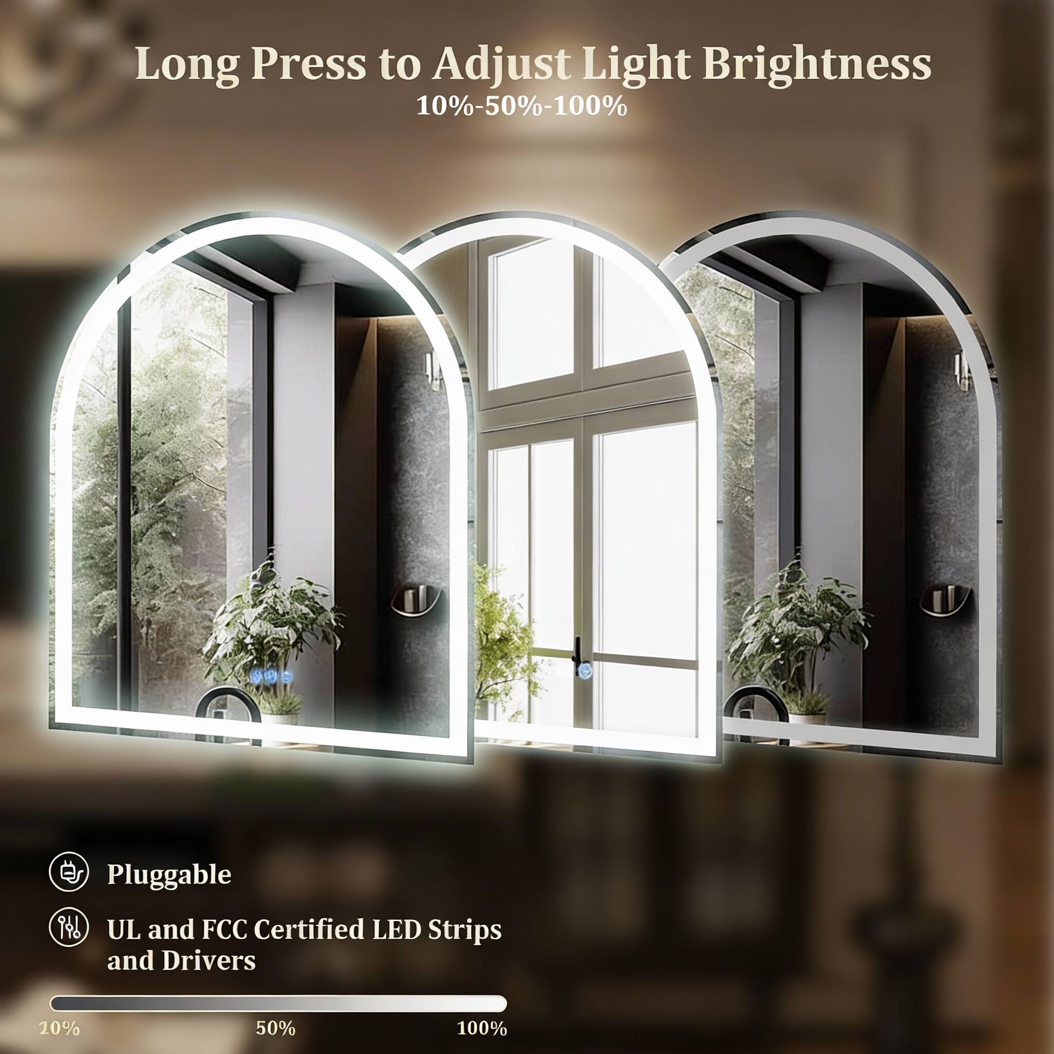 Long Press to Adjust Light Brightness  
10%-50%-100%  

Pluggable  
UL and FCC Certified LED Strips and Drivers  

20% 50% 100%
