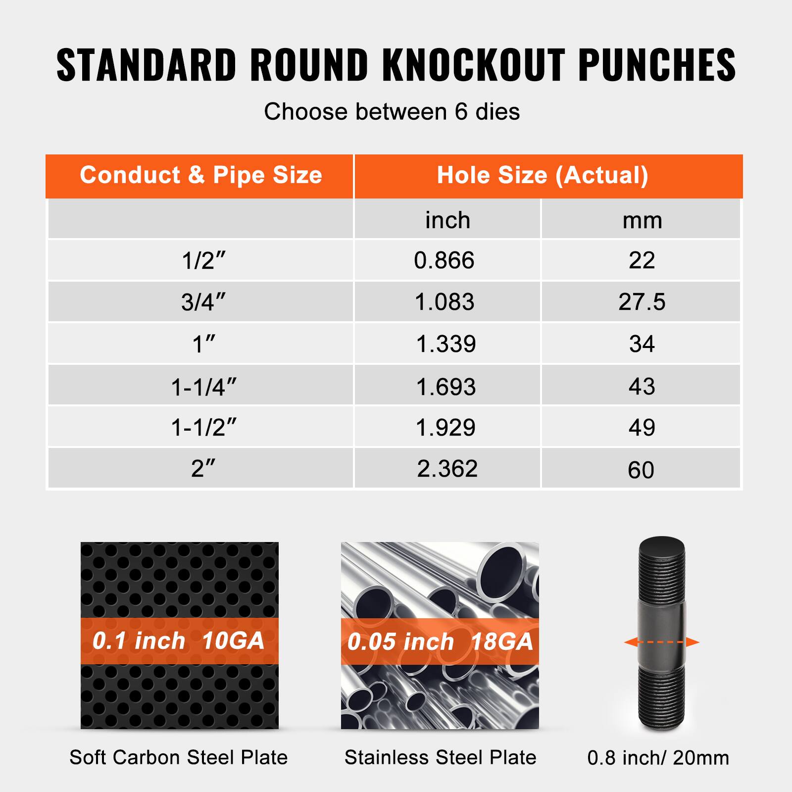 STANDARD ROUND KNOCKOUT PUNCHES  
Choose between 6 dies  

| Conduct & Pipe Size | Hole Size (Actual) |  
|--------------------|-------------------|  
| 1/2"               | 0.866 inch / 22 mm  |  
| 3/4"               | 1.083 inch / 27.5 mm|  
| 1"                 | 1.339 inch / 34 mm |  
| 1-1/4"             | 1.693 inch / 43 mm |  
| 1-1/2"             | 1.929 inch / 49 mm |  
| 2"                 | 2.362 inch / 60 mm |  

0.1 inch 10GA  
Soft Carbon Steel Plate  

0.05 inch 18GA  
Stainless Steel Plate  

0.8 inch / 20mm