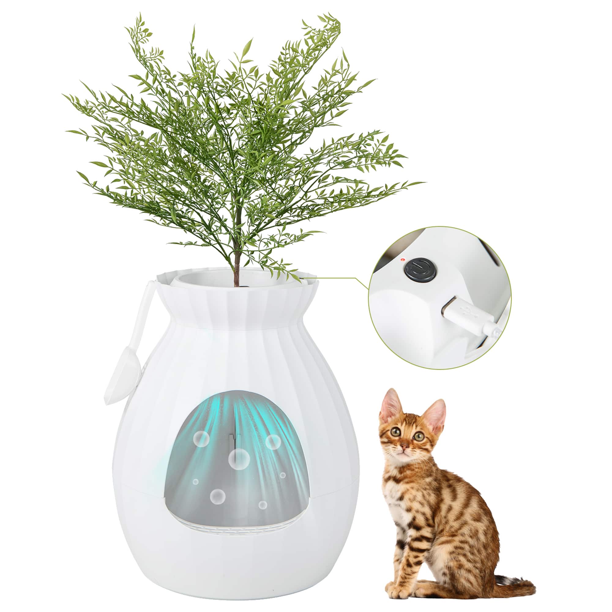 Gymax - Smart Plant Cat Litter Box with Electronic Odor Removal & Sterilization - White+Green