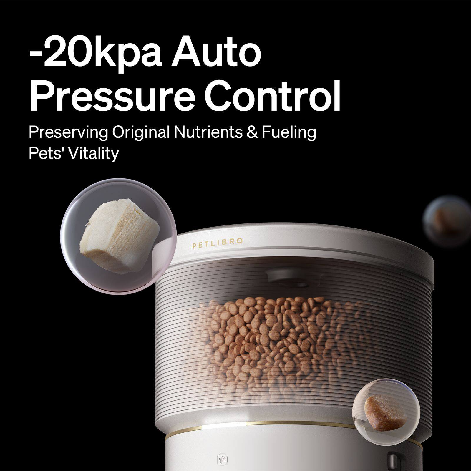The text on the image reads: "Petlibro -20kpa Auto Pressure Control Preserving Original Nutrients & Fueling Pets' Vitality."