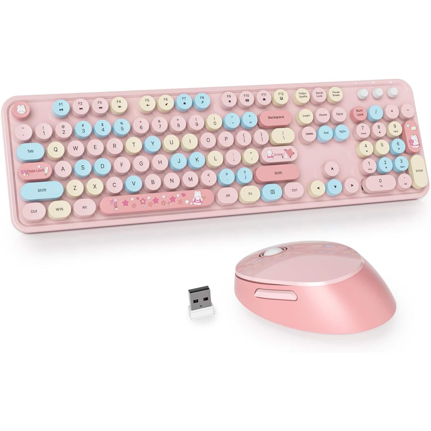PARKER SLATER - Pink wireless keyboard and mouse with full-size layout, number pad, round keycaps, retro typewriter style, and colorful - Colorful Pink