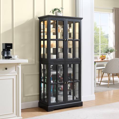 Left. LUCKY ONE - Freestanding Antique Curio Display Cabinet with Glass Doors Adjustable Shelves E26 Bulb for Collectibles - Black.