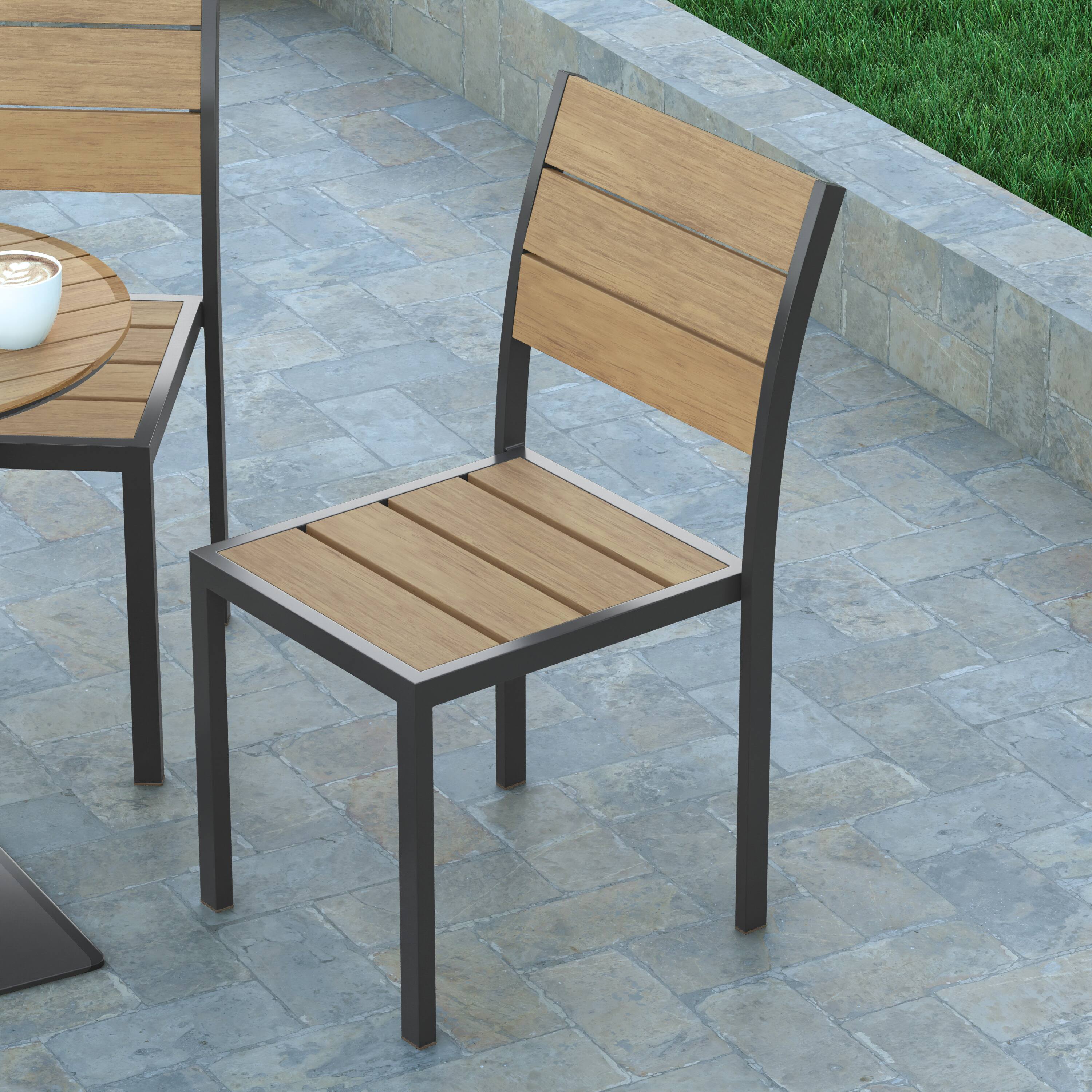 Alt View 3. Emma + Oliver - Fena Outdoor Stacking Side Chair with Faux Teak Poly Slat Seat, Back and Arms and Metal Frame - Natural.