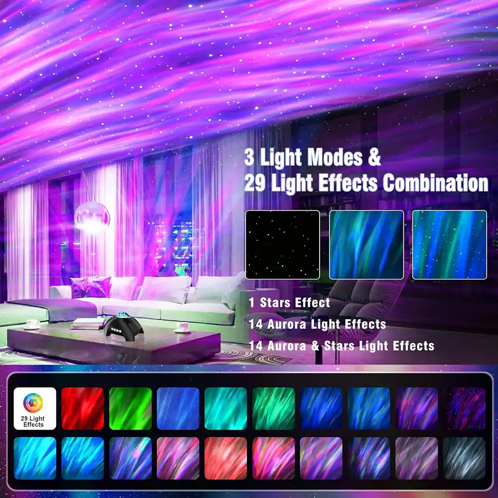 3 Light Modes & 29 Light Effects Combination

1 Stars Effect

14 Aurora Light Effects

14 Aurora & Stars Light Effects

29 Light Effects