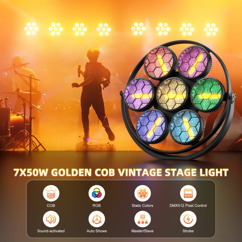 7X50W GOLDEN COB VINTAGE STAGE LIGHT

- COB
- RGB
- Static Colors
- DMX512 Pixel Control
- Sound-activated
- Auto Shows
- Master/Slave
- Strobe