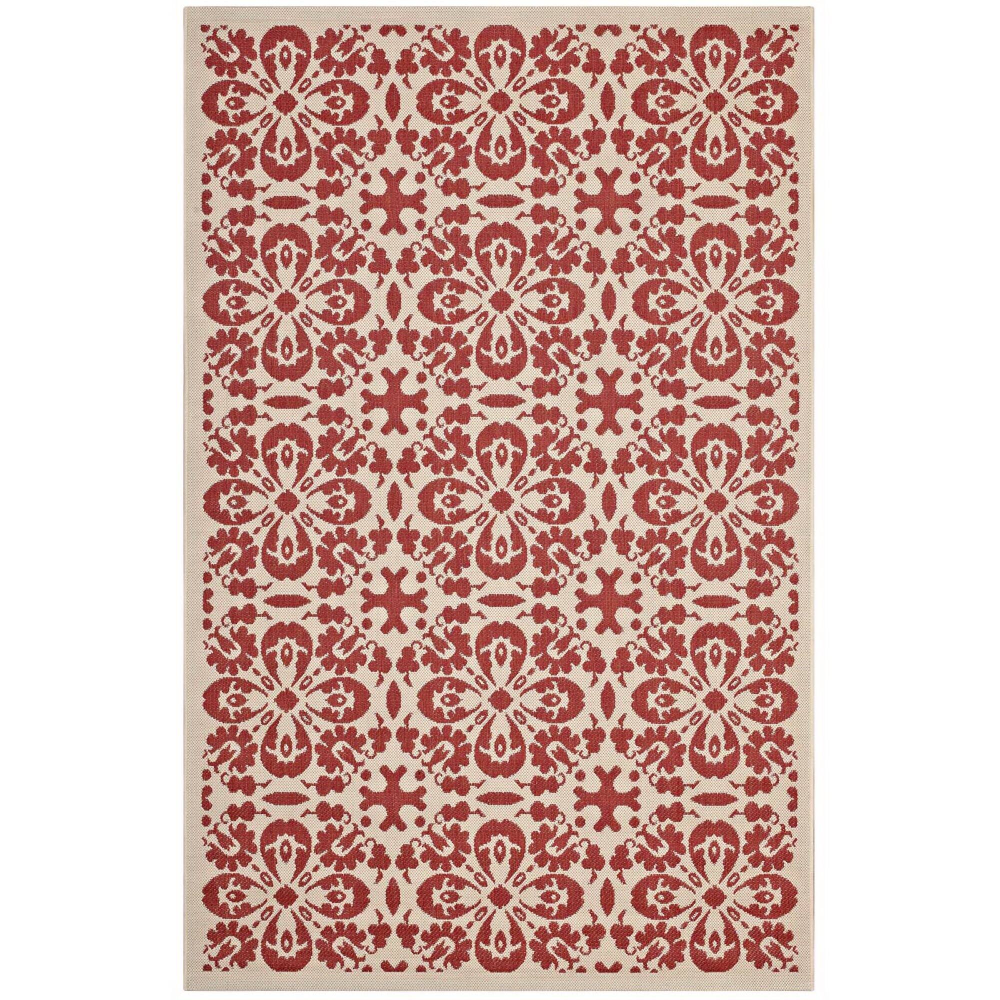 Angle. Modway - Ariana Vintage Floral Trellis Indoor and Outdoor Area Rug - Red and Beige.