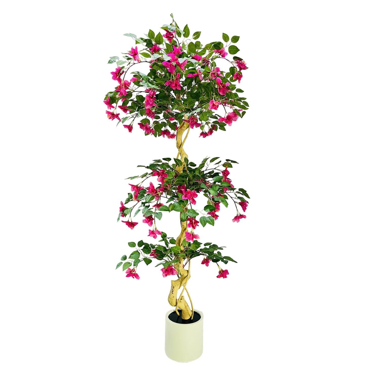 Front. Babevy - 6ft artificial bougainvillea tree faux pink flower plant in white planter for indoor outdoor decor.