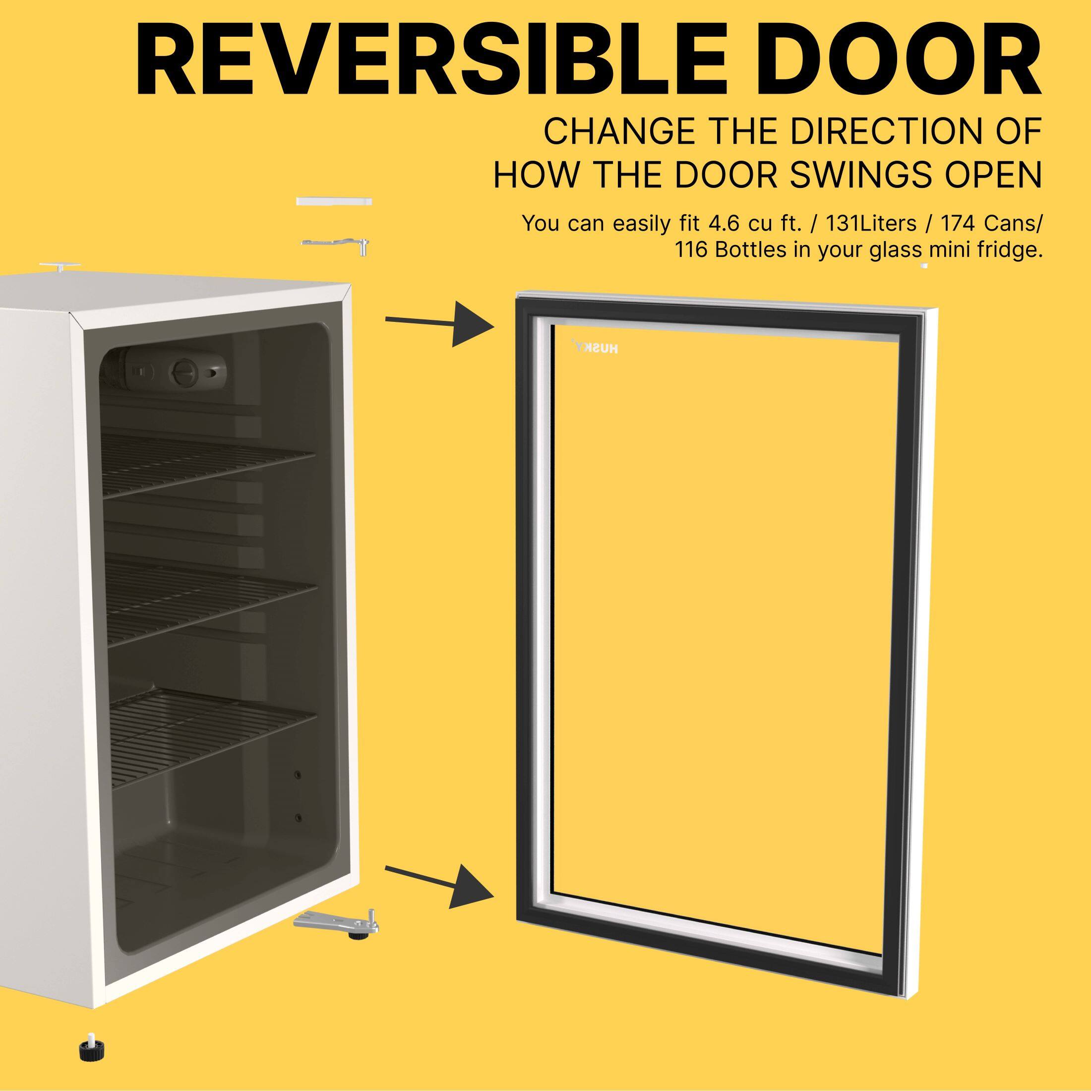 REVERSIBLE DOOR  
CHANGE THE DIRECTION OF HOW THE DOOR SWINGS OPEN  
You can easily fit 4.6 cu ft. / 131 Liters / 174 Cans / 116 Bottles in your glass mini fridge.