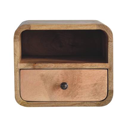 Front. Artisan Furniture - Artisan Furniture Solid Wood Extra Mini Wall Mounted Curved Oak-ish Bedside with Open Slot, 1 Drawer, Brown - Brown.