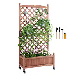 VEVOR - Raised Garden Bed with Trellis, 30" x 13" x 61.4" Outdoor Raised Wood Planters with Drainage Holes - Walnut
